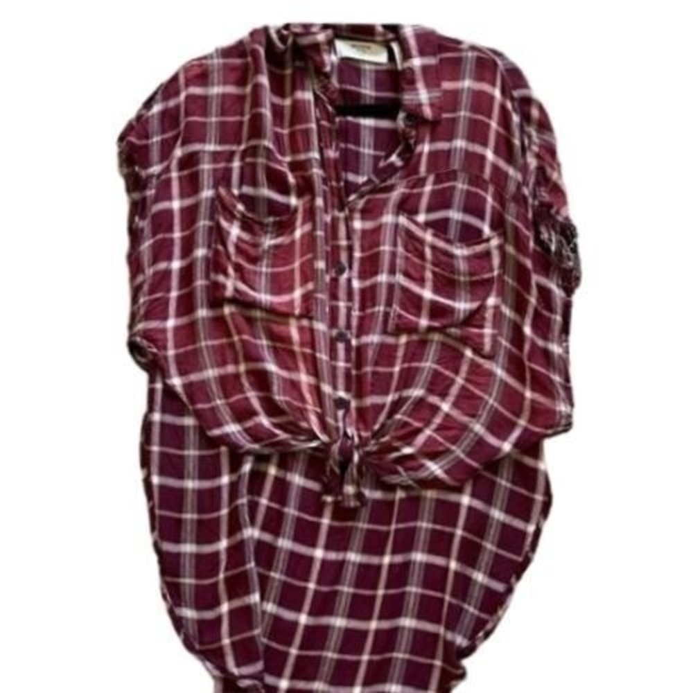 One Teaspoon Hi-Low Burgundy Plaid‎ Button-Down Flannel Shirt Short Sleeve Top